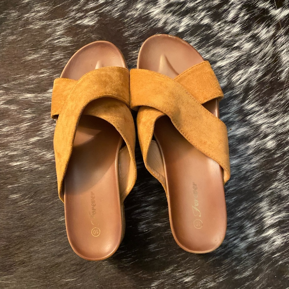 Tan/Cognac Platform Slides With Suede - image 2